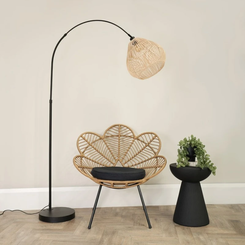 Image of ValueLights Louis Black Arched Curved Floor Lamp with Rattan Teardrop Lamp Shade Natural