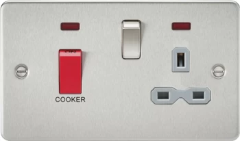 Image of KnightsBridge Flat plate 45A DP switch and 13A switched socket with neon - brushed chrome with grey insert