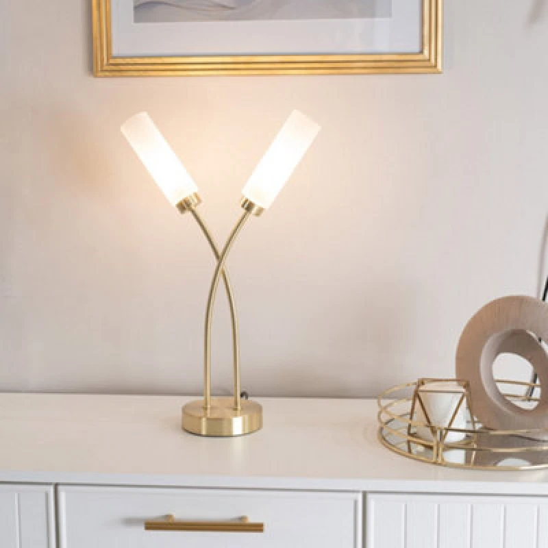 Image of ValueLights Maya 2 Way Curved Cross Over Reed Shaded Table Lamp Gold