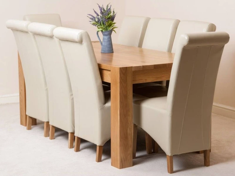 Image of Thats Furniture Kuba 180 x 90cm Chunky Oak Dining Table & 8 Montana Leather Chairs in Cream Cream Unisex 180 x 90 cm