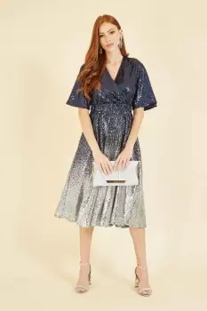 Image of Navy and Silver Ombre Sequin Midi Wrap Dress