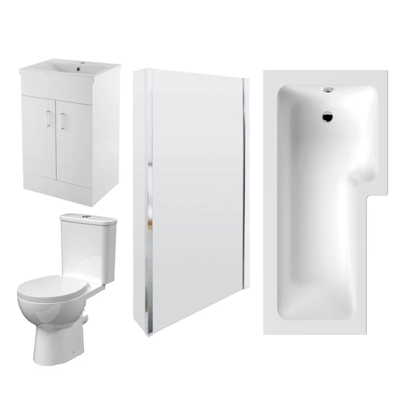 Image of BALTERLEY Balterley - 1700mm Bathroom Suite - l Shape Shower Bath, Front Panel, Shower Bath Screen, Vanity Basin Unit and Toilet and Seat - Gloss Whit