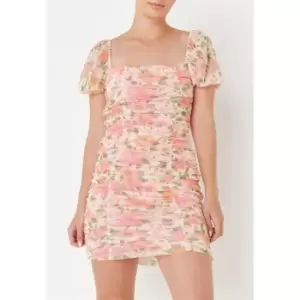 Image of Missguided Tall Floral Print Mesh Ruched Mini Dress - Multi