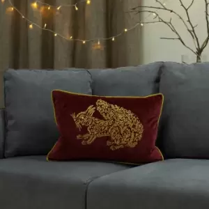 Image of Furn Forest Fauna Squirrel Embroidered Faux Velvet Piped Cushion Cover, Burgundy/Gold, 35 x 50 Cm