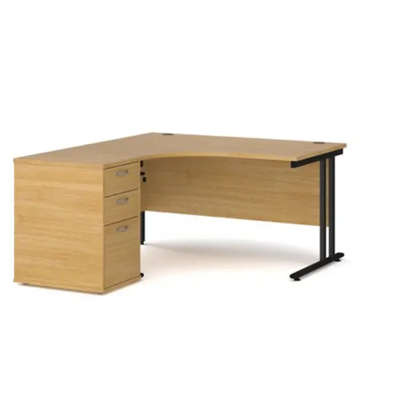 Image of Office Desk Left Hand Corner Desk 1400mm With Pedestal Oak Top With Black Frame Maestro 25