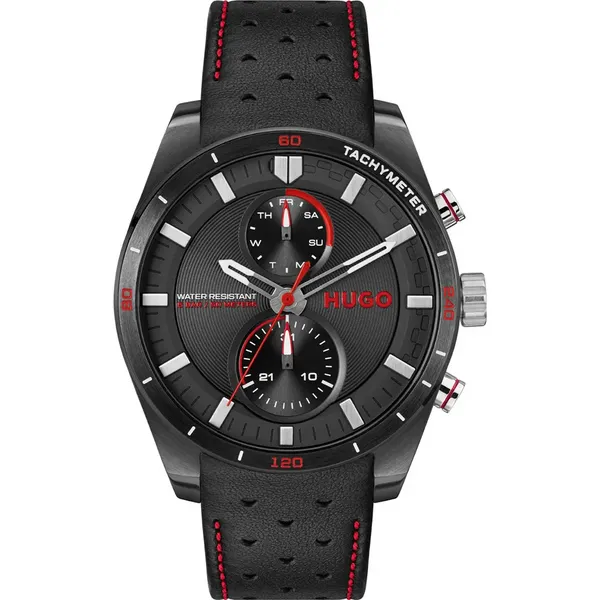 Image of HUGO HUGO Mens Black Leather Strap Multifunction Watch