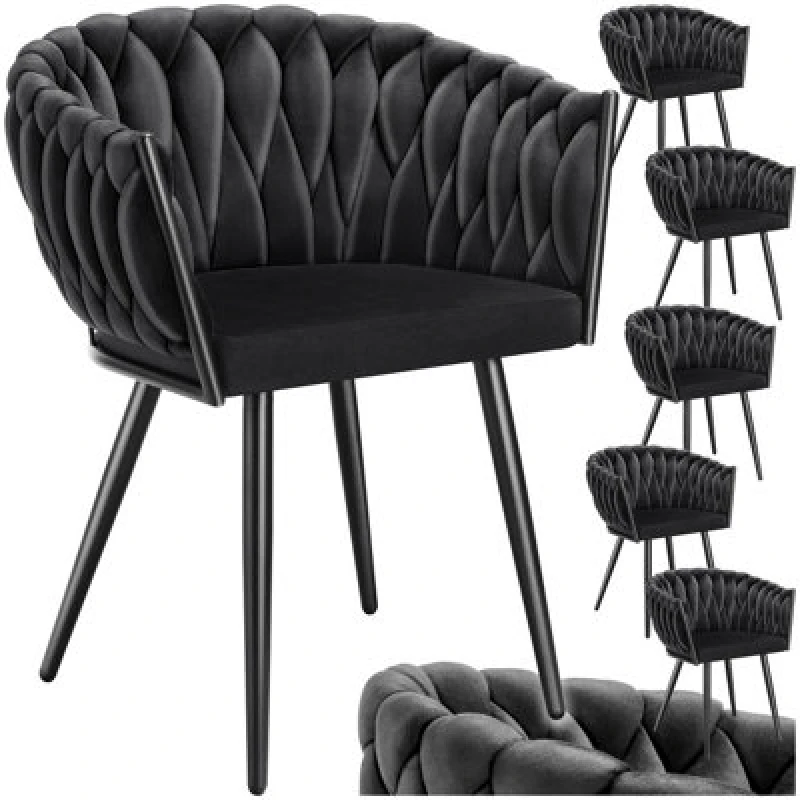 Image of Tectake Set Of 6 Dining Chair Astano - Padded, Velvet, Knot Design, Continuous Backrest - Black