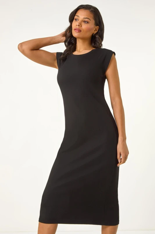 Image of Roman Womens Ribbed Cap Sleeve Midi Dress in Black Size: 18 Black Female 18