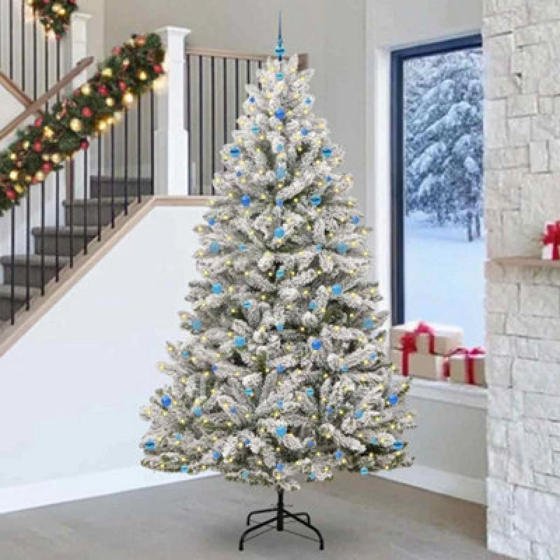 Image of vidaXL Artificial Christmas Tree with Blue Balls Green and White 270cm PVC and Metal, Green 3395782