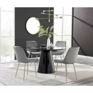 Image of Furniture Box Palma Black Semi Gloss Round Dining Table and 4 Grey Pesaro Gold Leg Chairs