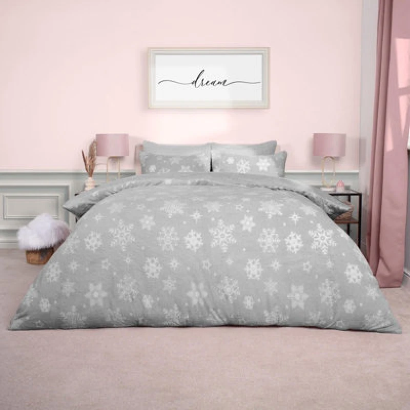 Image of OHS OHS Snowflake Teddy Fleece Duvet Cover Bedding Winter Christmas in Grey Size: Double Grey Double Unisex 5027434171491