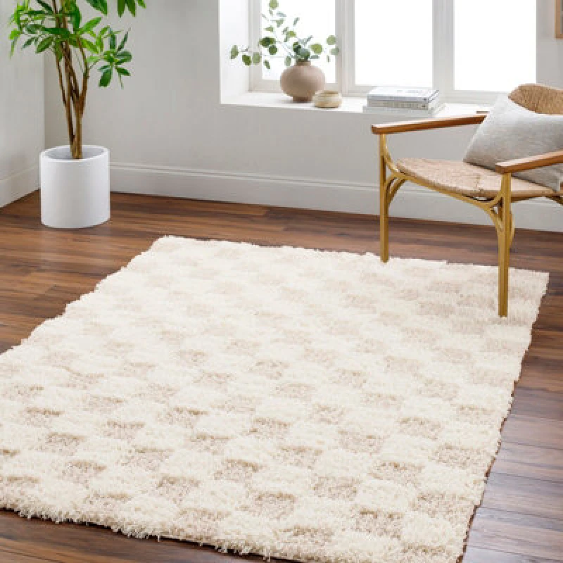 Image of Livabliss Shaggy Modern Plush Pile Light Beige Checkered Willa Area Rug 200 X 290 Cm - Easy Care, Ideal For Living Room & Bedroom