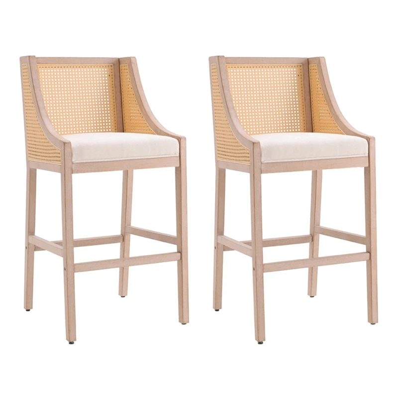 Image of Kabinet UK 2 Pcs Natural Rattan Bar Stools with Backrest - Grey Unisex One Size