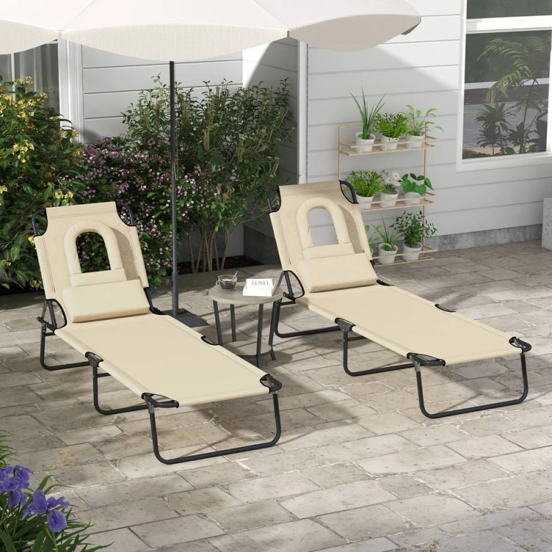 Image of Outsunny Folding Sun Lounger Set of 2 Reclining Chair with Reading Hole Brown - Outsunny 5056725390488