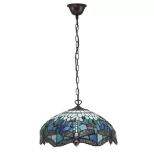Image of Dragonfly Tiffany 3 Light Medium Ceiling Pendant Bronze, Blue