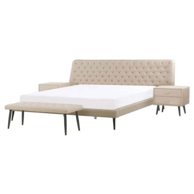Image of Beliani Bedroom Set Faux Leather Essonne 160 X 200 Cm (Eu King Size) Beige
