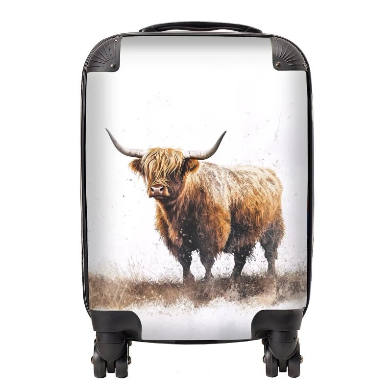 Image of Warren Reed - Designer Highland Cow Watercolour Suitcase in Brown Size: Small Brown Unisex Small
