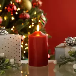 Image of Festive 12.5cm Battery Operated Wax Firefly Pillar Candle With Timer Red