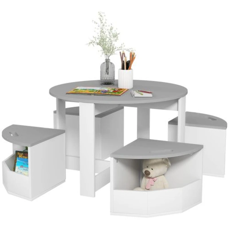 Image of AIYAPLAY 5 Piece Kids Table and Chairs Set w/ Storage for 3-8 Years Old-Grey Grey