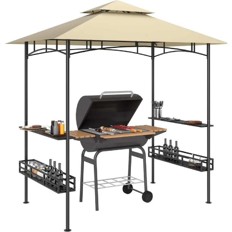 Image of Outsunny 8' x 5' Grill Gazebo Canopy with 2 Side Shelves, Hook, Beige Beige