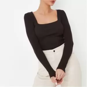 Image of Missguided Petite Rib Square Neck Knit Top - Brown