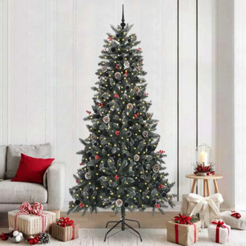 Image of vidaXL Artificial Christmas Tree with Black Balls Green 129.5 x 129.5 x 240 cm, Green 3395905