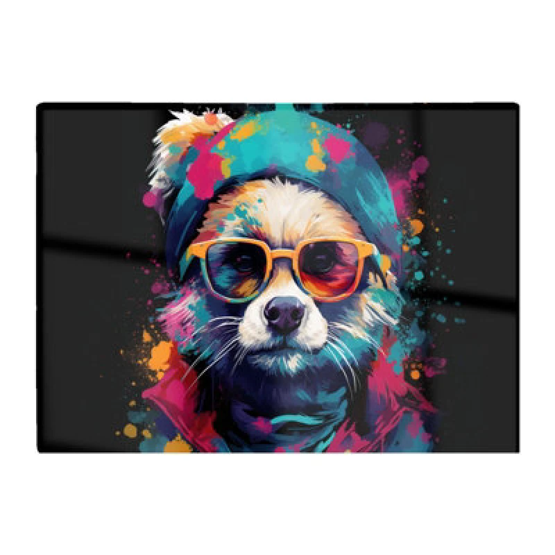 Image of Warren Reed Designer Multi Coloured Splashart Dog With Glasses Glass Chopping Board