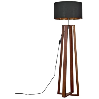 Image of Beltan 4 Leg Floor Lamp in Dark Wood with Reni Shade - Black & Gold - No Bulb
