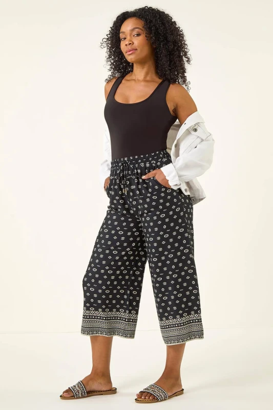 Image of Roman Womens Petite Border Print Cropped Trouser in Black Size: 14 Black Female 14