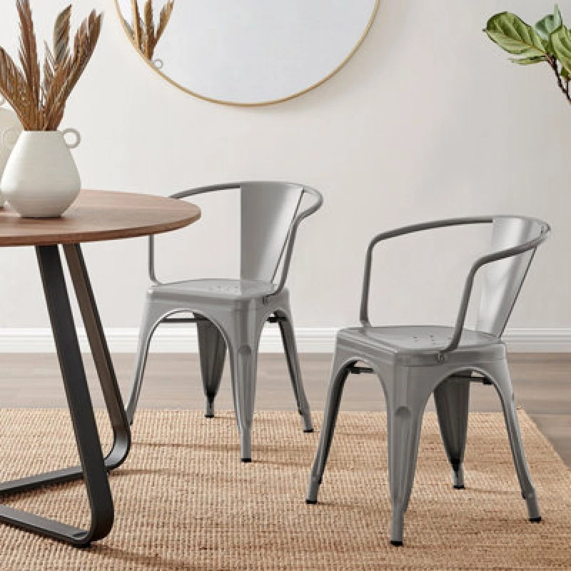 Image of FurnitureboxUK FurnitureboxUK Set of 2 Colton Industrial Steel Stackable Tolix Style Dining Chairs with Arms in Grey Grey One Size Unisex 505654269237