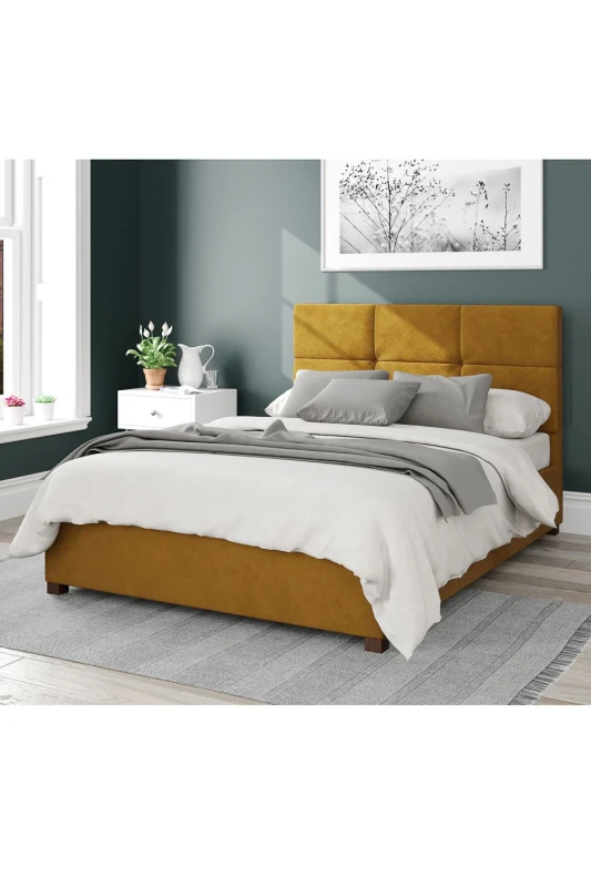 Image of Aspire Aspire Caine Upholstered Ottoman Storage Bed, Plush Velvet Fabric in Mustard Size: Small Double Mustard Small Double Unisex 5057632188366
