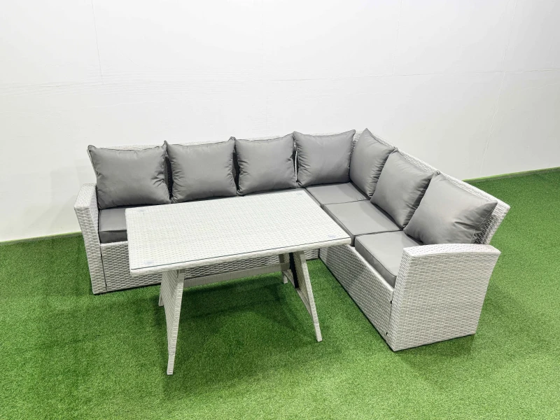 Image of Fimous 6 Seater Garden Outdoor Rattan Furniture Set Oblong Dining Table Set in Light Grey Light Grey Unisex
