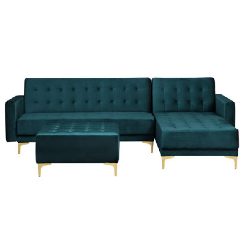 Image of Beliani Modular Corner Sofa Bed 4 Seater Aberdeen Velvet Teal With Ottoman Left Hand