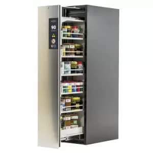Image of asecos Type 90 fire resistant vertical pull-out cabinet, 1 drawer, 5 shelves, grey/stainless steel
