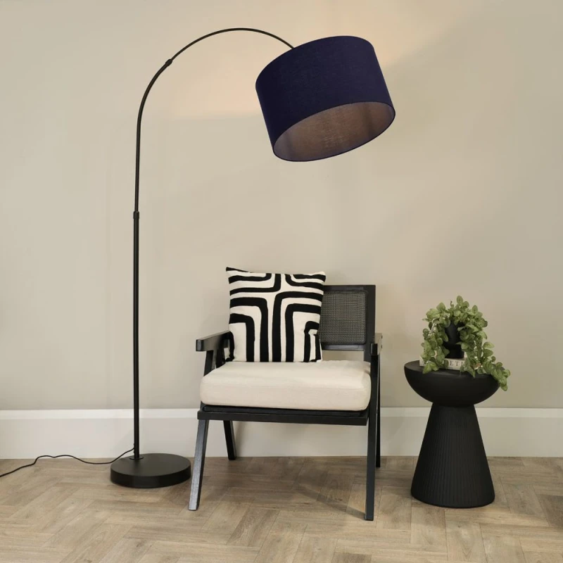 Image of ValueLights Louis Black Arched Curved Floor Lamp with Fabric Drum Lamp Shade and LED Bulb Navy