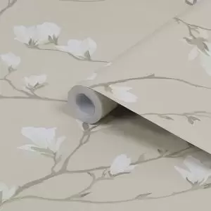 Image of Laura Ashley Magnolia Grove Neutral Floral Smooth Wallpaper