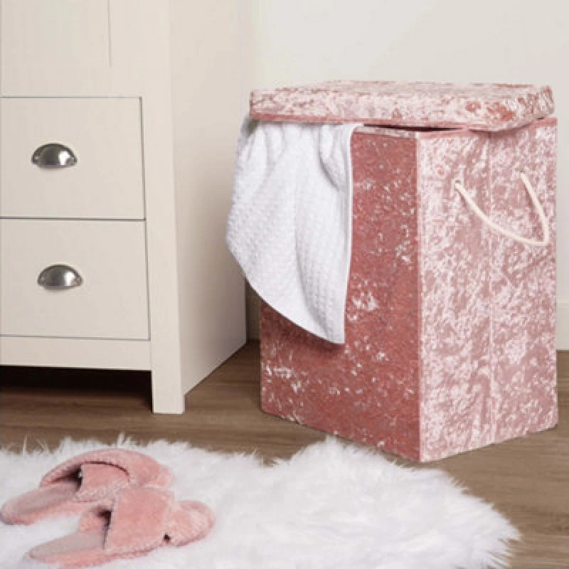 Image of OHS OHS Laundry Bag Crushed Velvet Foldable Compact Clothing Storage Basket in Light Pink Light Pink One Size Unisex 5027434160655