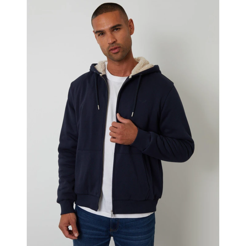 Image of Threadbare Threadbare Men Borg Lined Zip Through Hoodie in Navy Size: Small Navy S Male 7625915219885