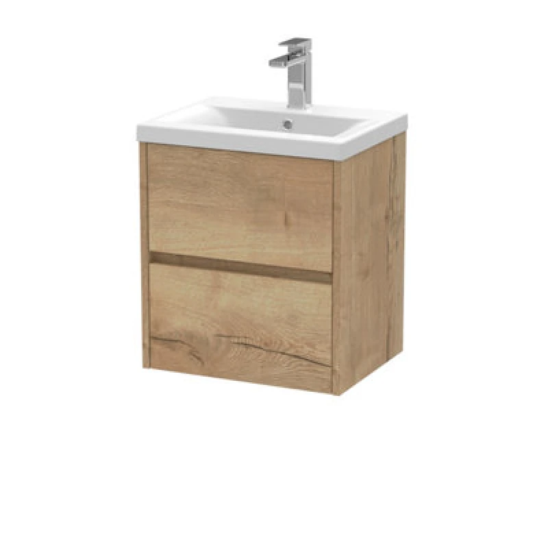 Image of Balterley Square Wall Hung 2 Drawer Vanity Unit & Basin, 500mm Autumn Oak Brown