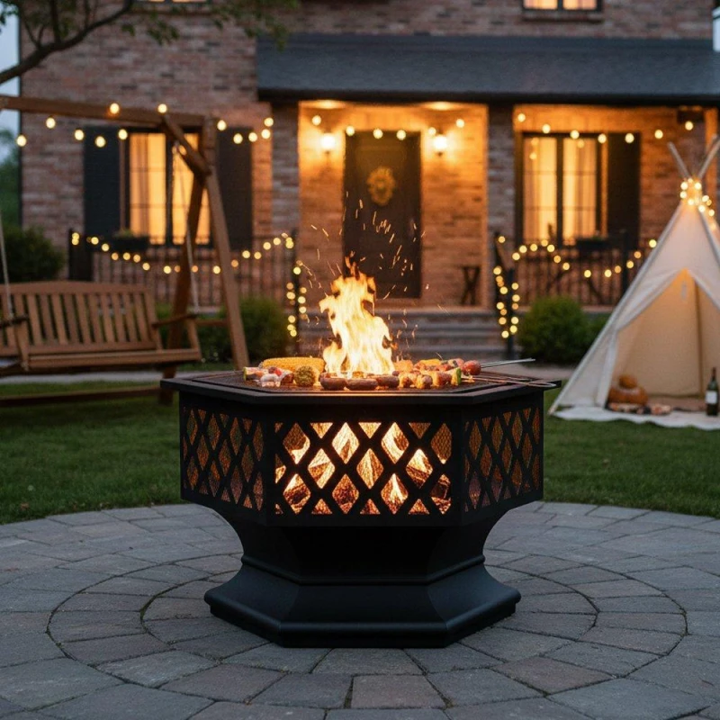 Image of Breeins Hexagon Outdoor Fire Pit with Grill & Screen Black unisex One size