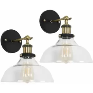 Image of Minisun - 2 x Industrial Black & Gold Wall Light Fittings Clear Glass Wide Shade Light Shades - No Bulb