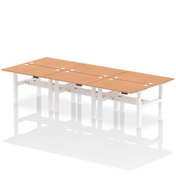 Image of Air Air Back-to-Back 1200 x 800mm Height Adjustable 6 Person Bench Desk Oak Top with Cable Ports White Frame HASCP6P12800OAKW