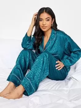 Image of PixieGirl Petite Teal Jacquard Animal Satin Pj Set, Green, Size 16-18, Women