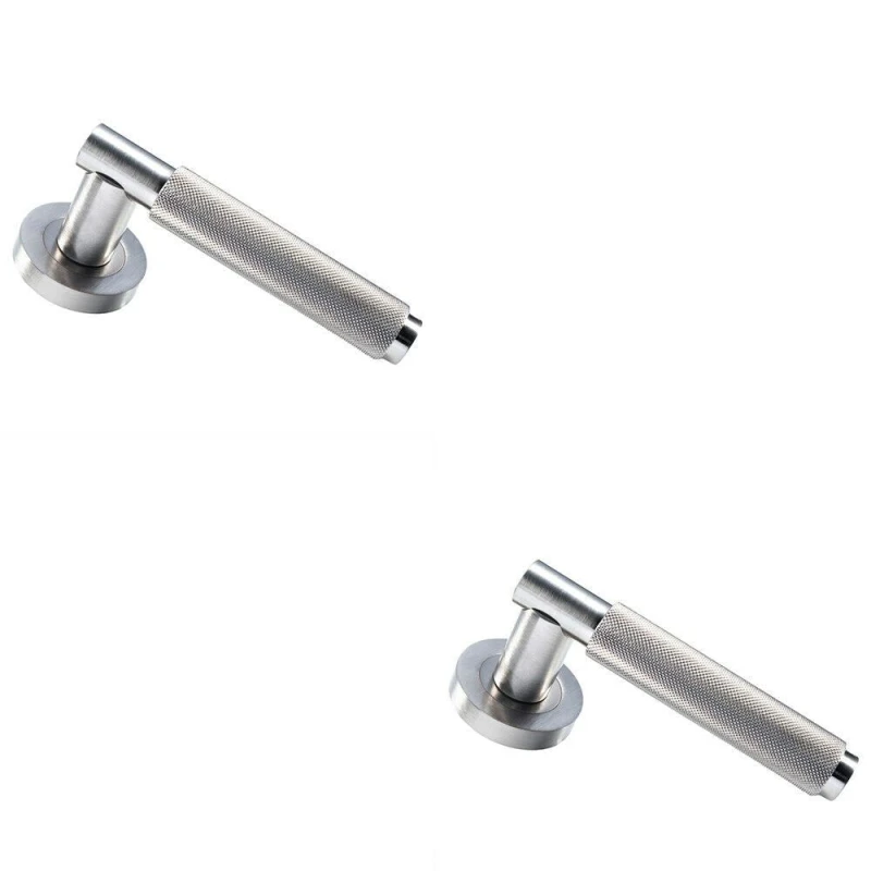 Image of Loops 2x PAIR Knurled Grip Round Bar Handle on Round Rose Concealed Fix Satin Nickel Metallics
