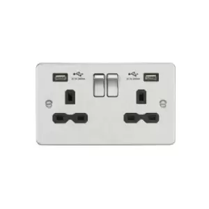 Image of Flat plate 13A 2G switched socket with dual USB charger (2.4A) - brushed chrome with Black insert - Knightsbridge
