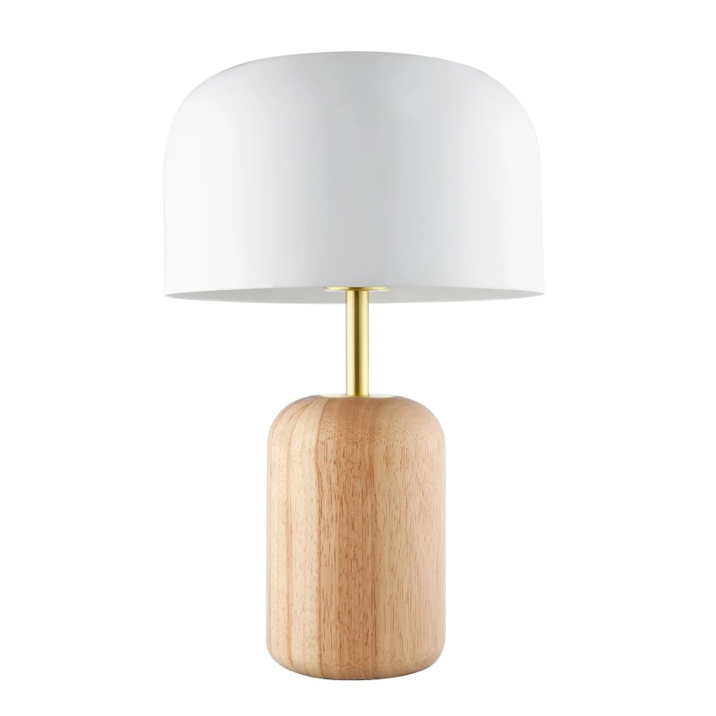 Image of Happy Homewares Modern Designer Wooden Table Lamp with White Gloss Domed Metal Shade in Brown Brown Unisex