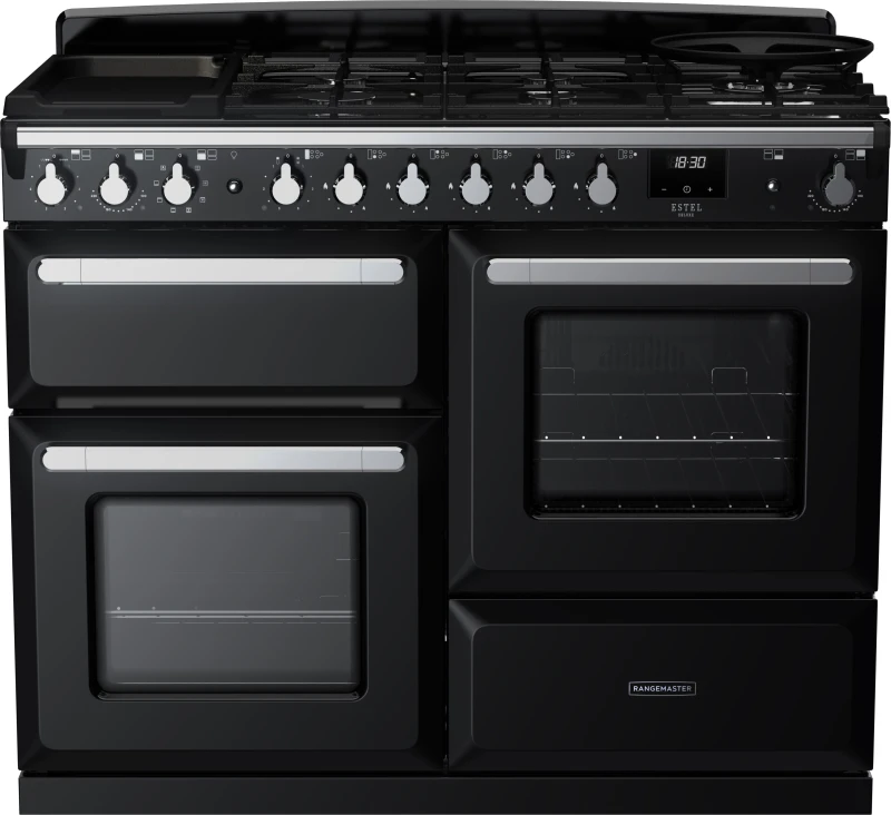 Image of Rangemaster Estel Deluxe ESDLO110DFPGBL/CM1 110cm Dual Fuel Range Cooker - Black / Chrome - A/A Rated