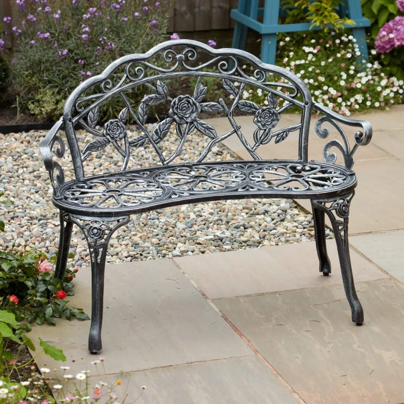 Image of Home Source Rose Detail Metal Outdoor Garden Bench Grey