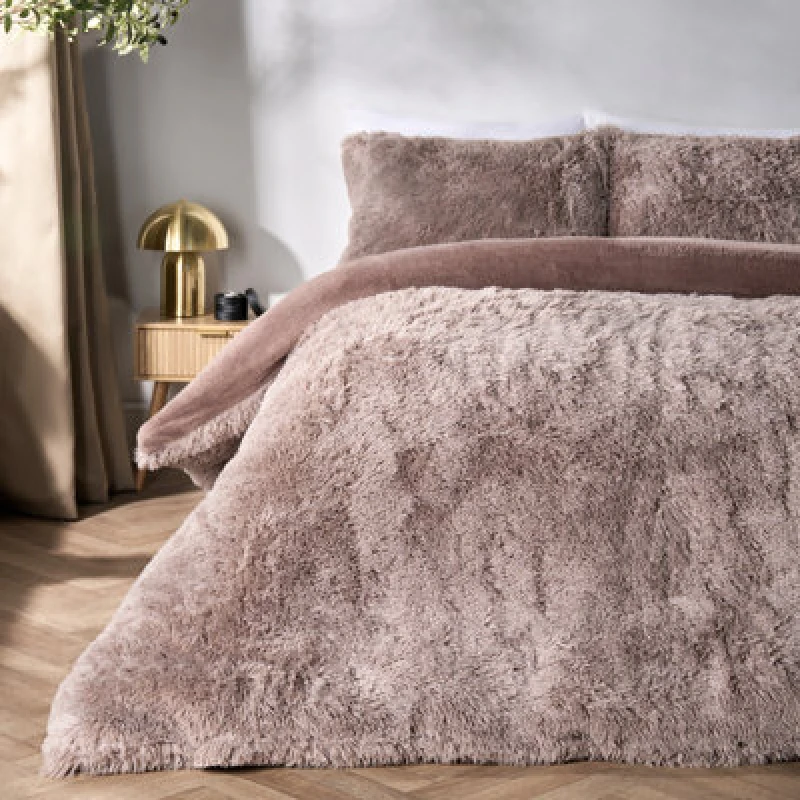 Image of OHS OHS Teddy Duvet Cover Set Bedding Soft Fleece Faux Fur Shaggy in Natural Size: Single Natural Single Unisex 5027434222698