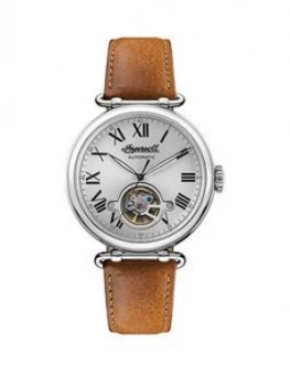 Image of Ingersoll Ingersoll Protagonist Silver Skeleton Eye Automatic Dial Tan Leather Strap Watch